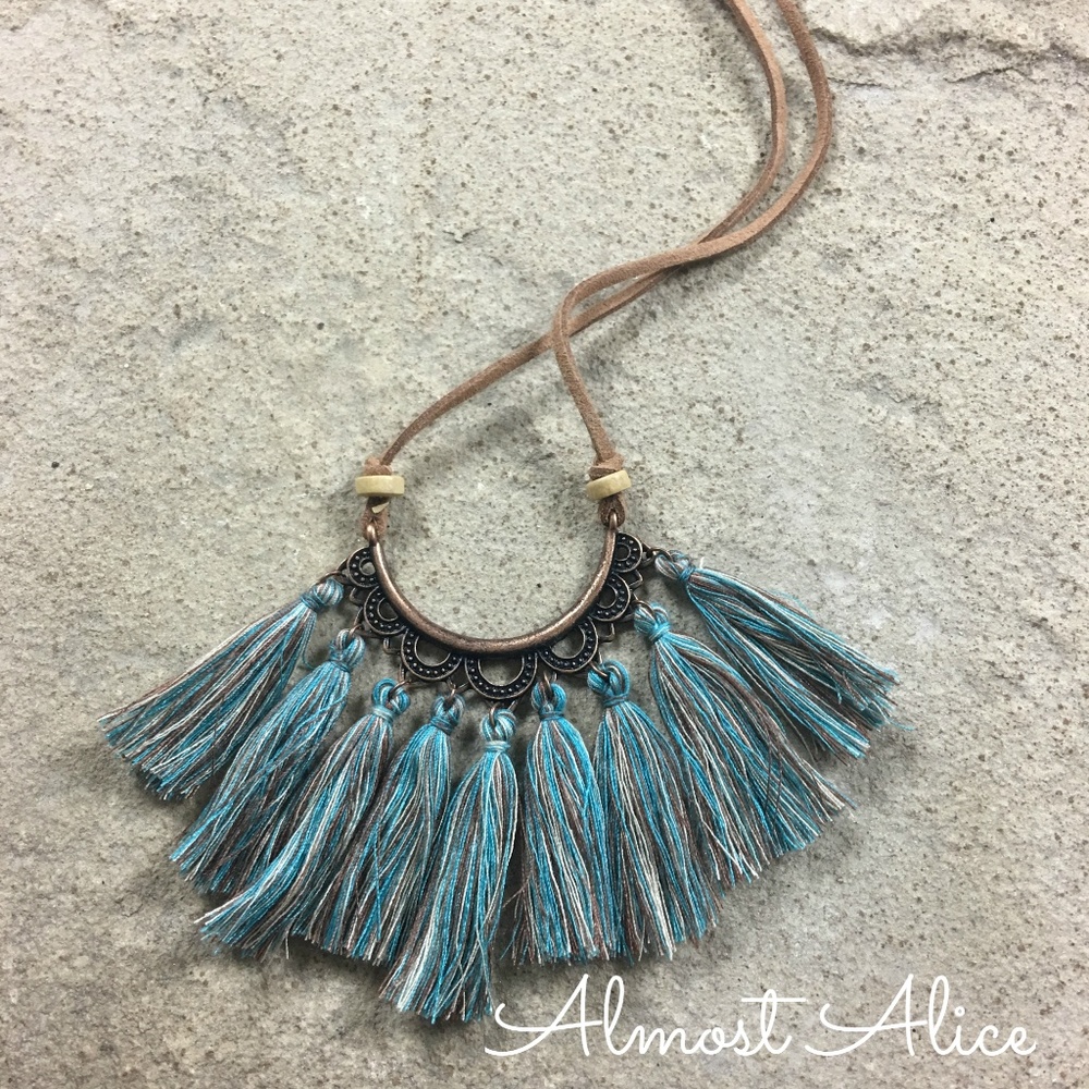 Blue Green Boho Tassel Necklace